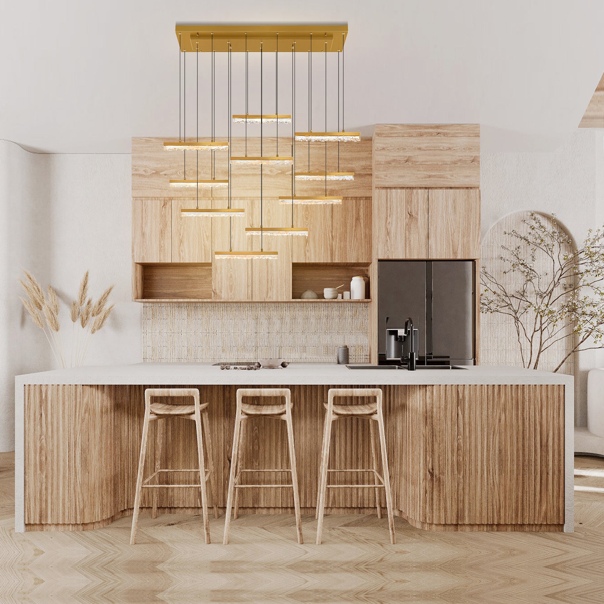 CWI Lighting designer chandelier in living room setting, modern pendant light fixture for home decor