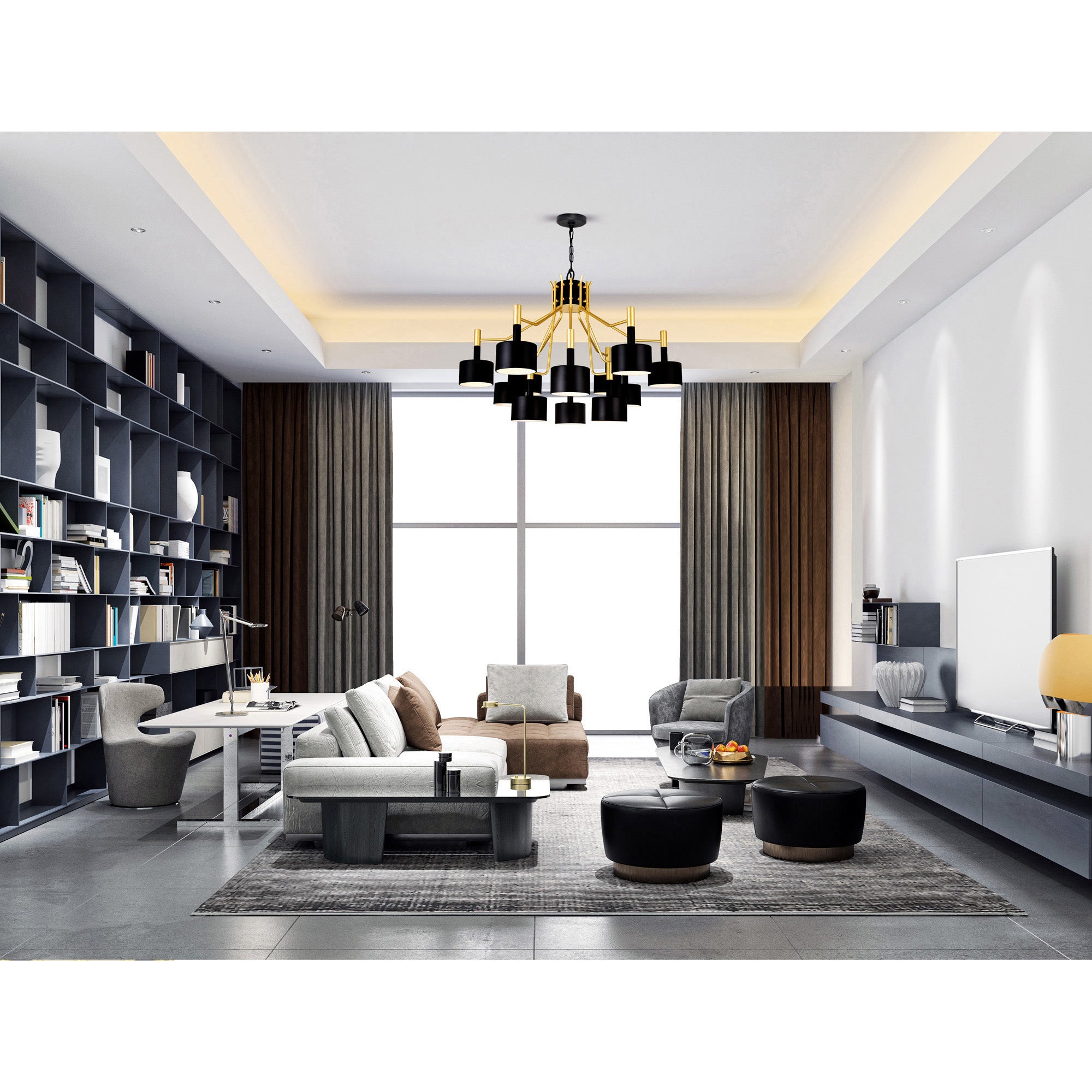 Corna 12 Light Matte Black & Satin Gold Down Chandelier