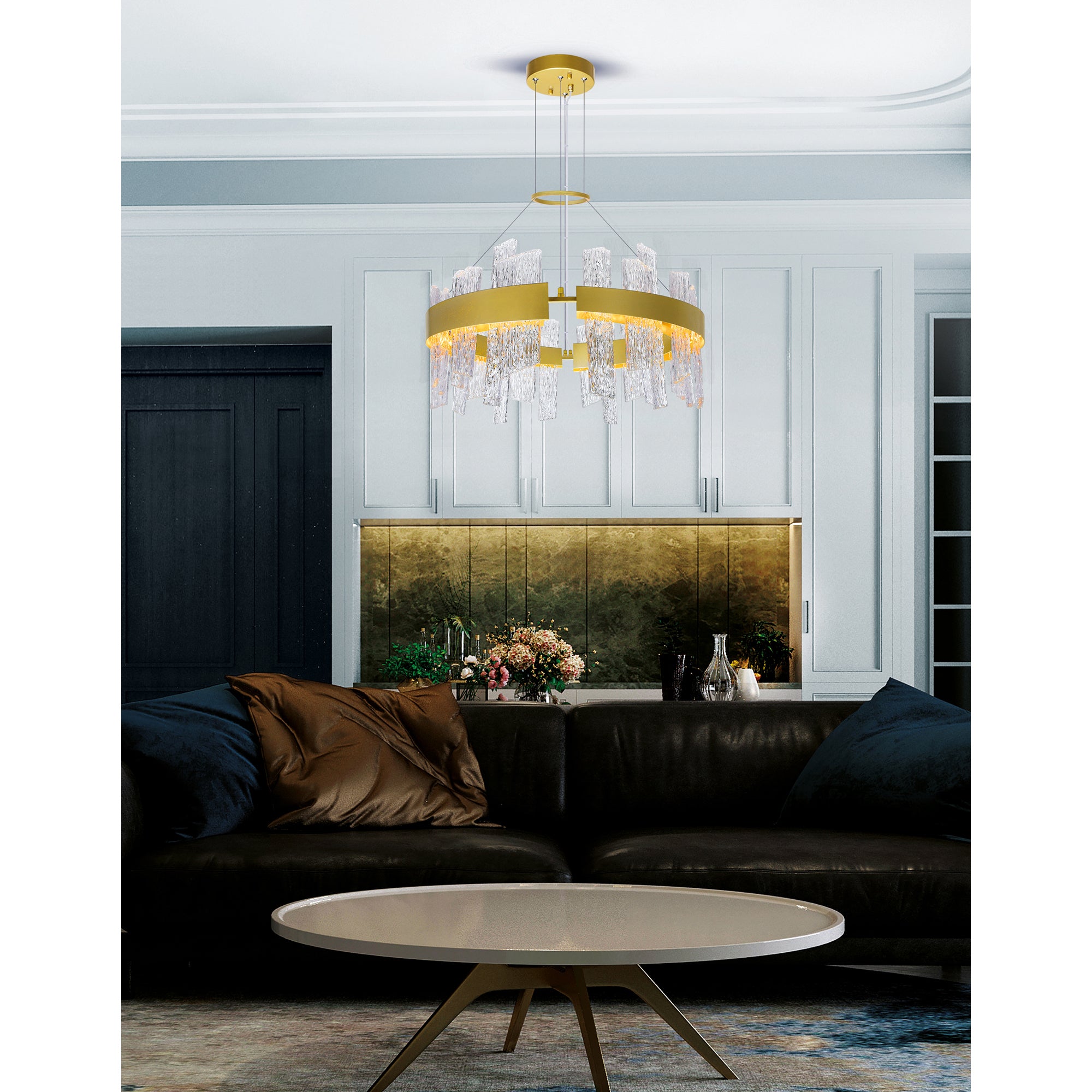 Guadiana Integrated LED 24in Satin Gold Chandelier with Handcrafted Glass