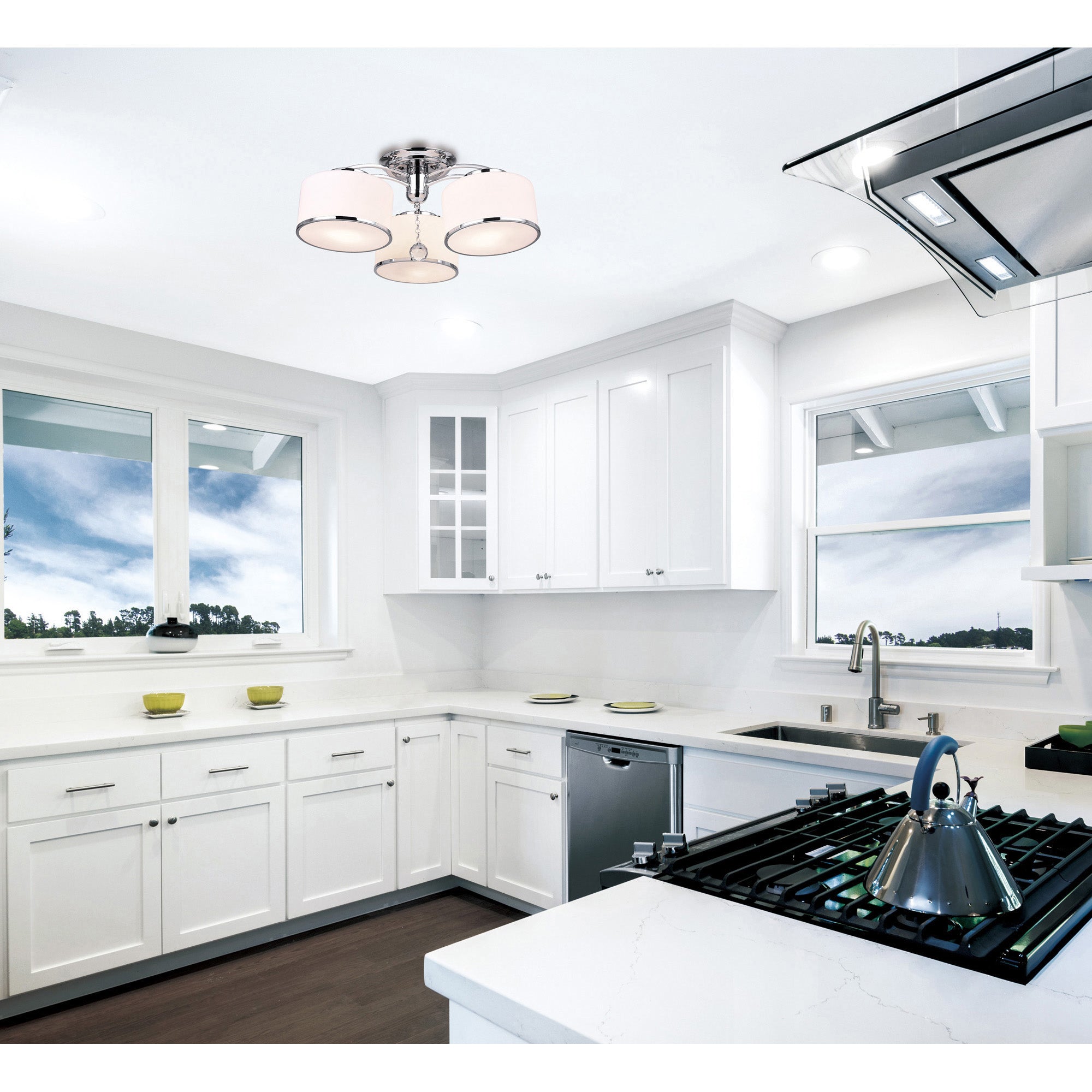 Frosted 3 Light 24in Chrome Drum Shade Flush Mount