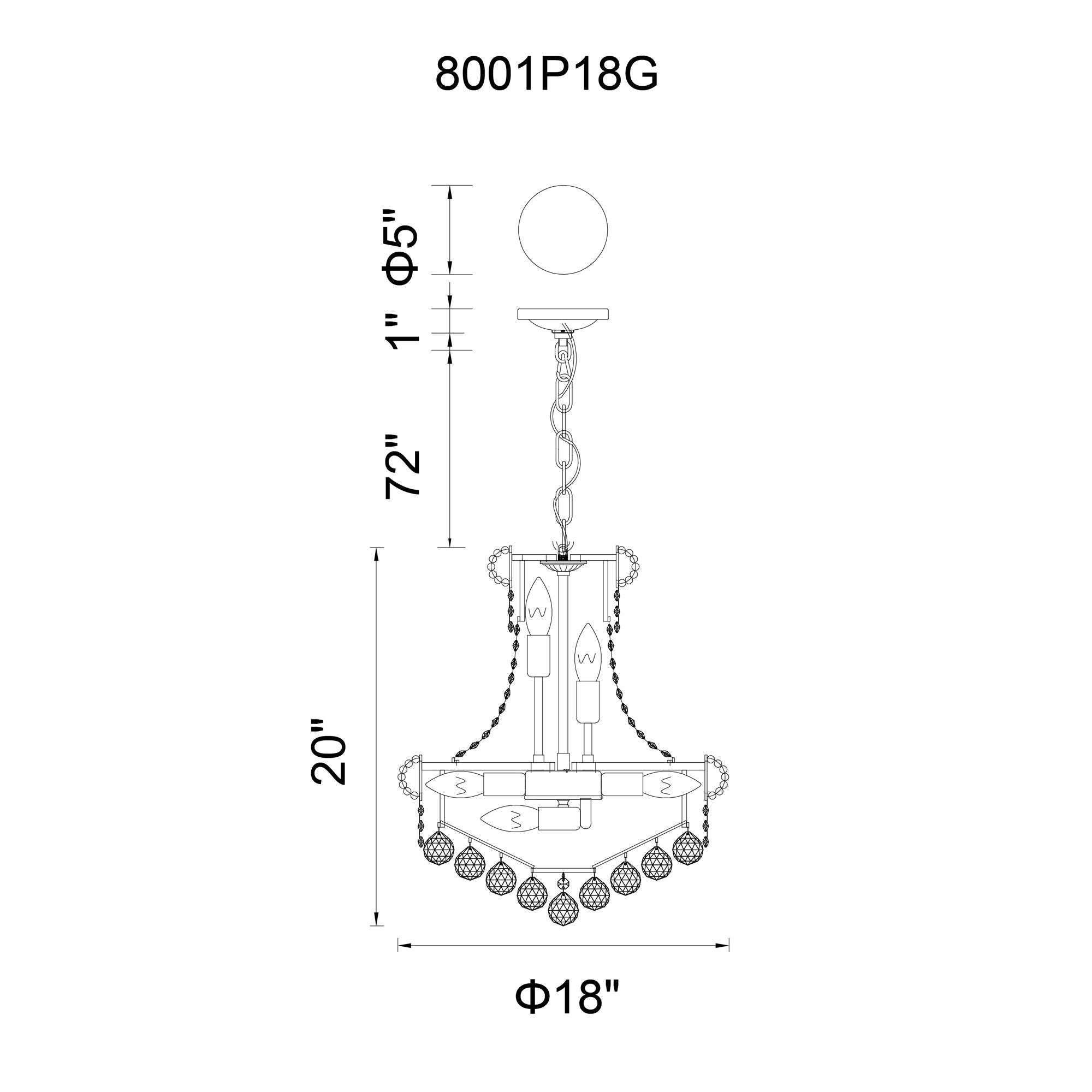 Empire 8 Light 18in Gold Down Chandelier with Crystals