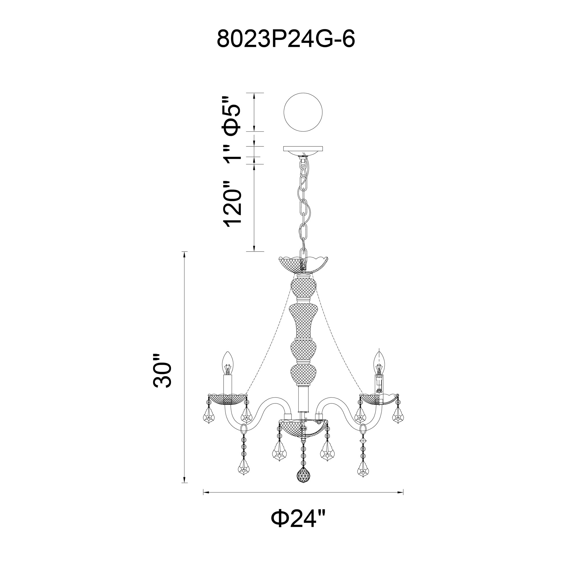 Princeton 6 Light 24in Chrome Down Chandelier