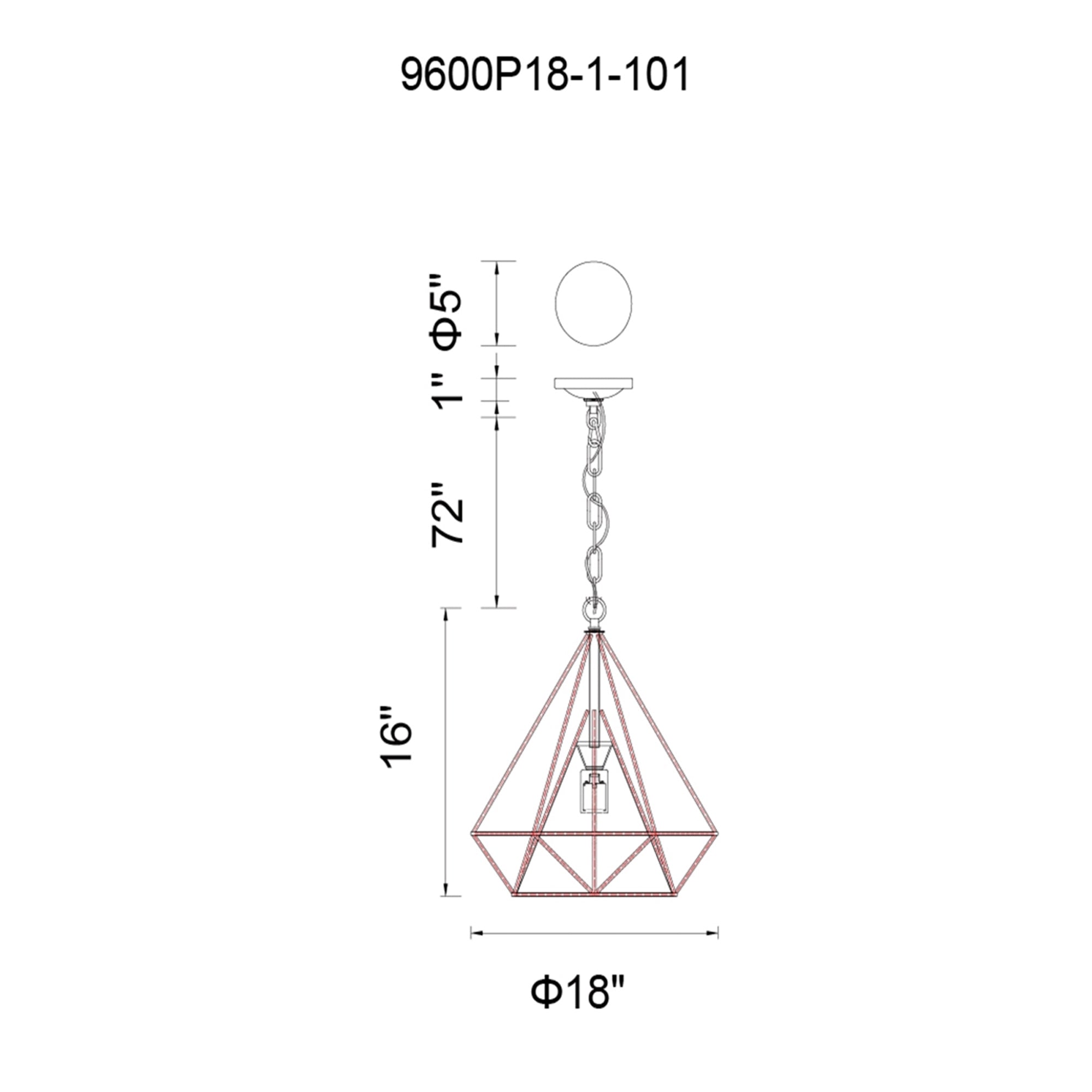 Diamond 1 Light 18in Black Down Pendant