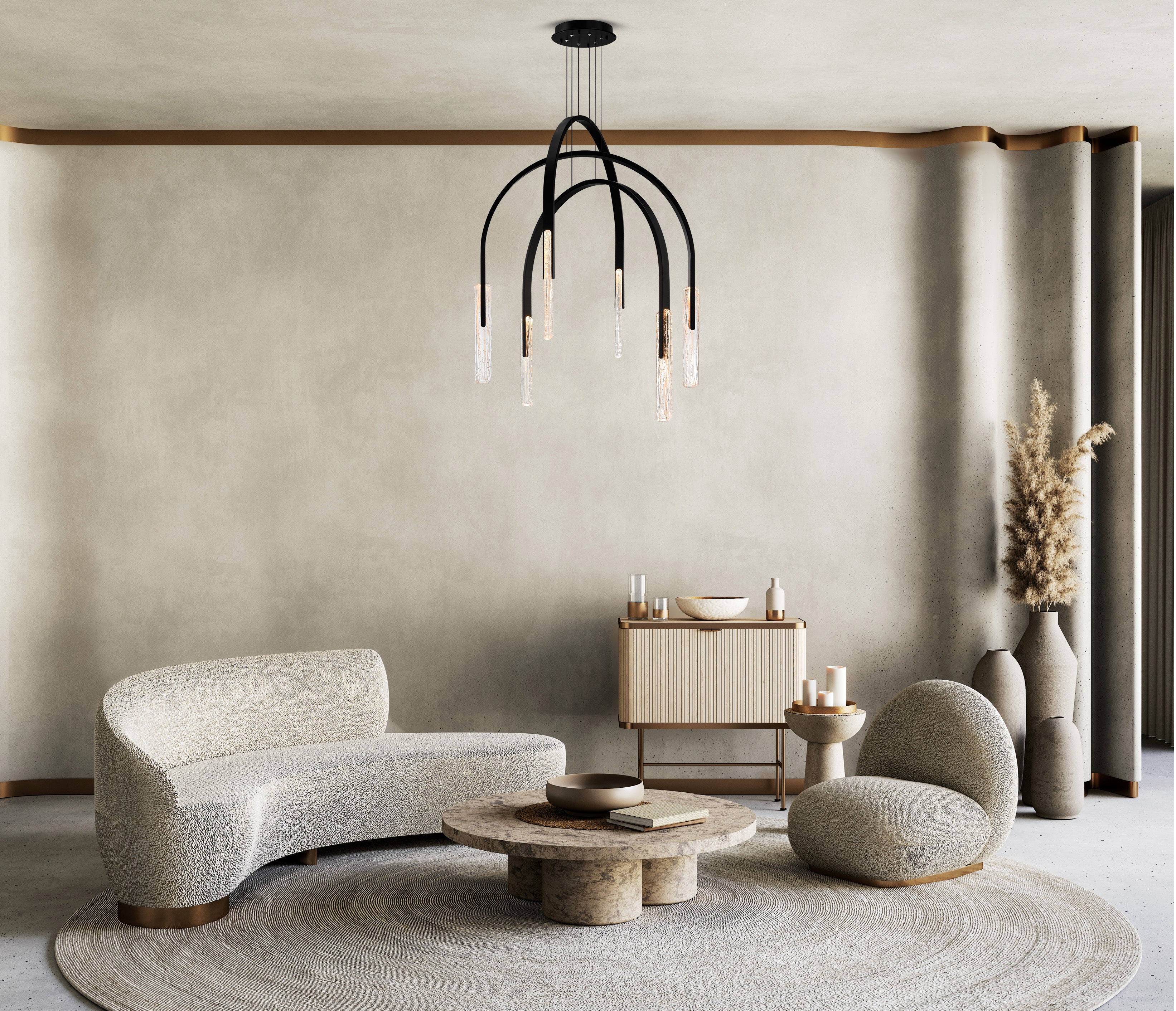 CWI Lighting designer chandelier in living room setting, modern pendant light fixture for home decor