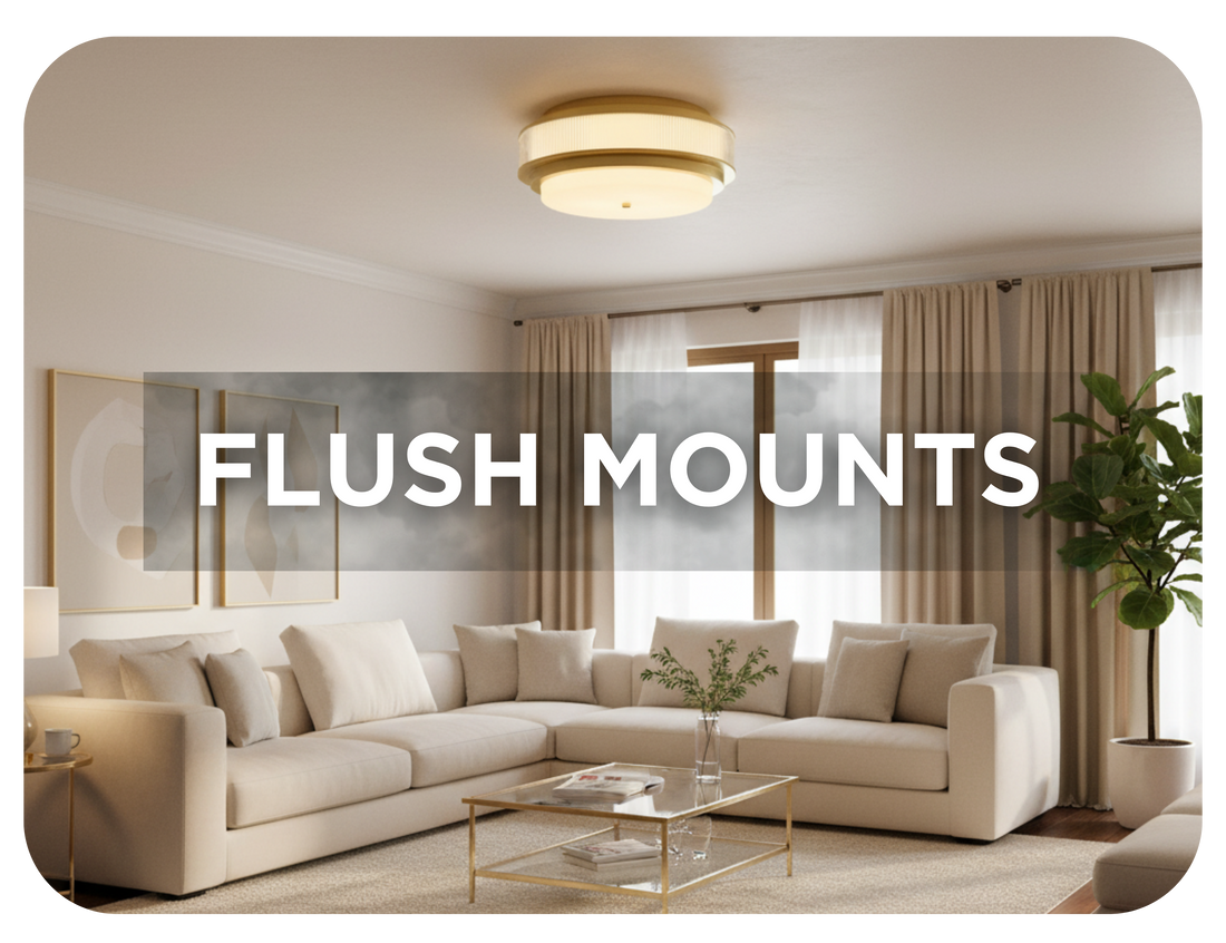 Flush mount lights illuminating a modern living room