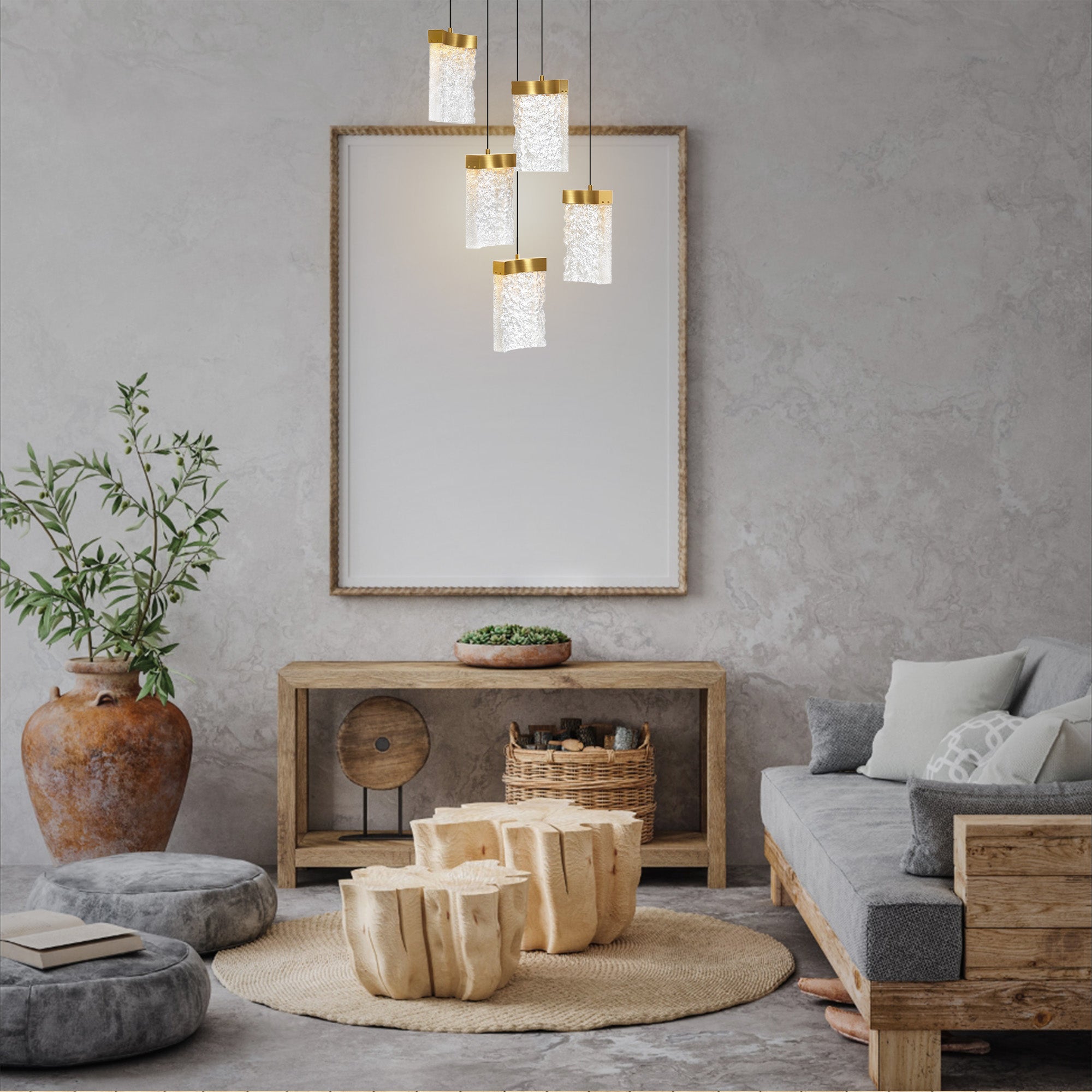 CWI Lighting mini pendant lights in living room setting, modern hanging light fixtures