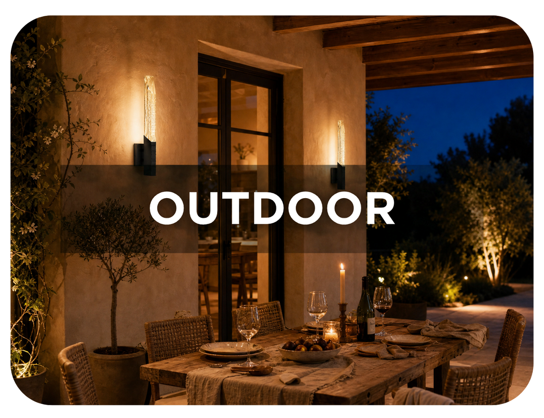 Outdoor dining area illuminated by decorative lighting