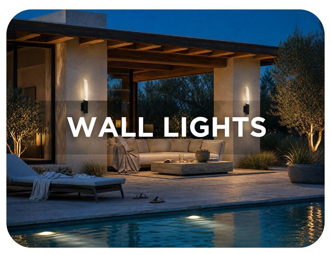 Modern wall lights illuminating an outdoor pool area