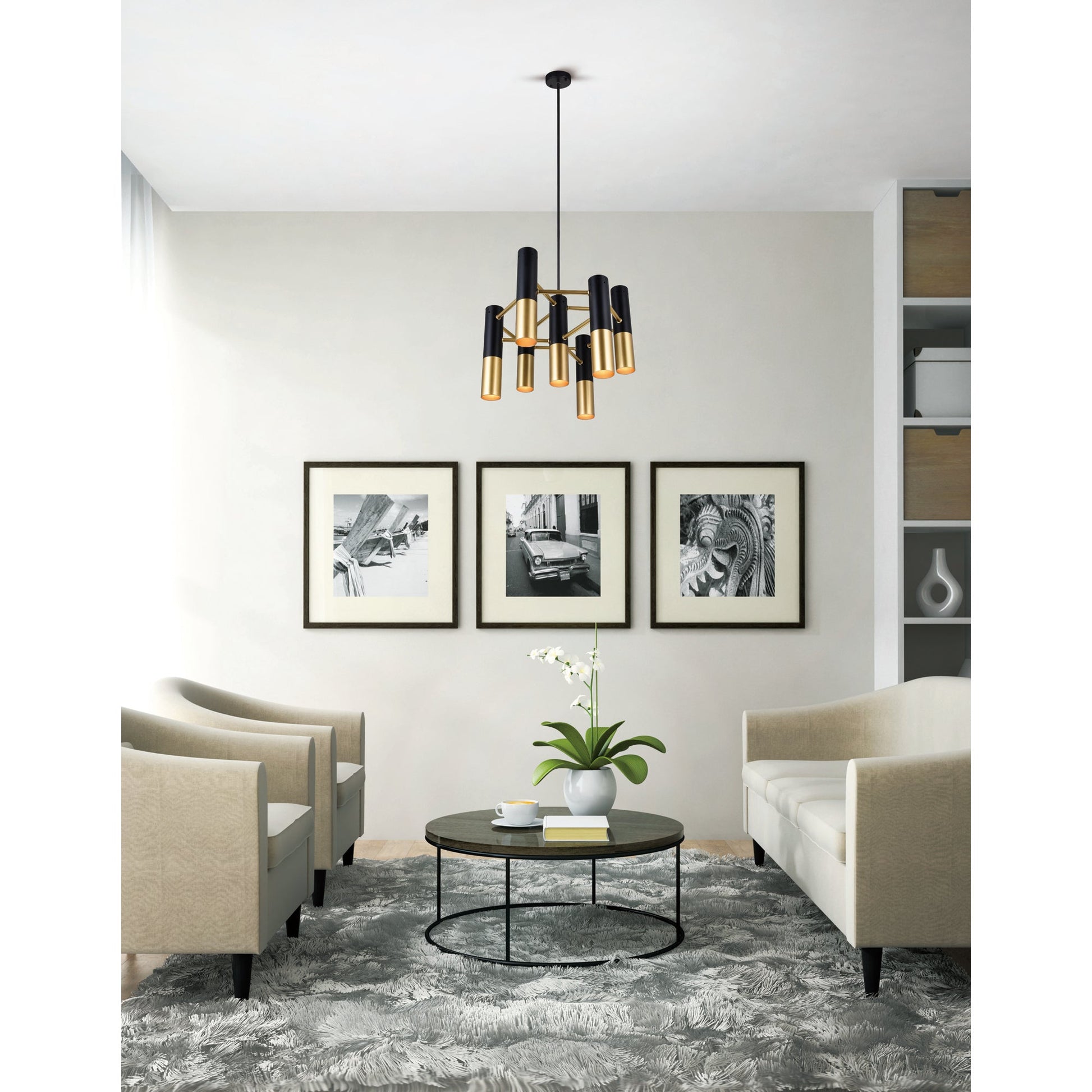 Anem 7 Light Matte Black & Satin Gold Down Chandelier - CWI Lighting