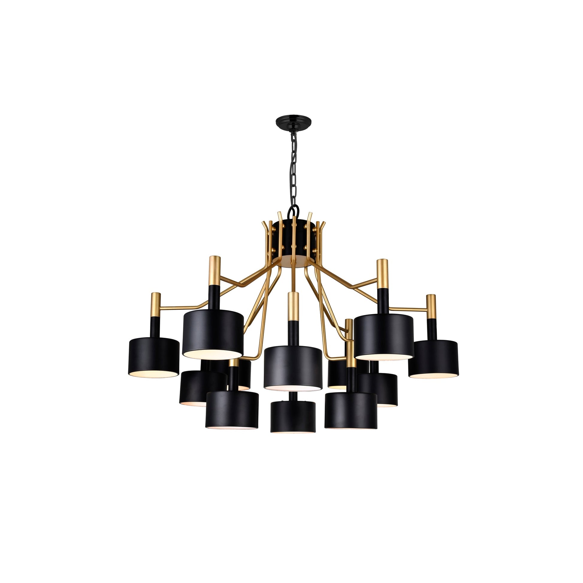 Corna 12 Light Matte Black & Satin Gold Down Chandelier - CWI Lighting