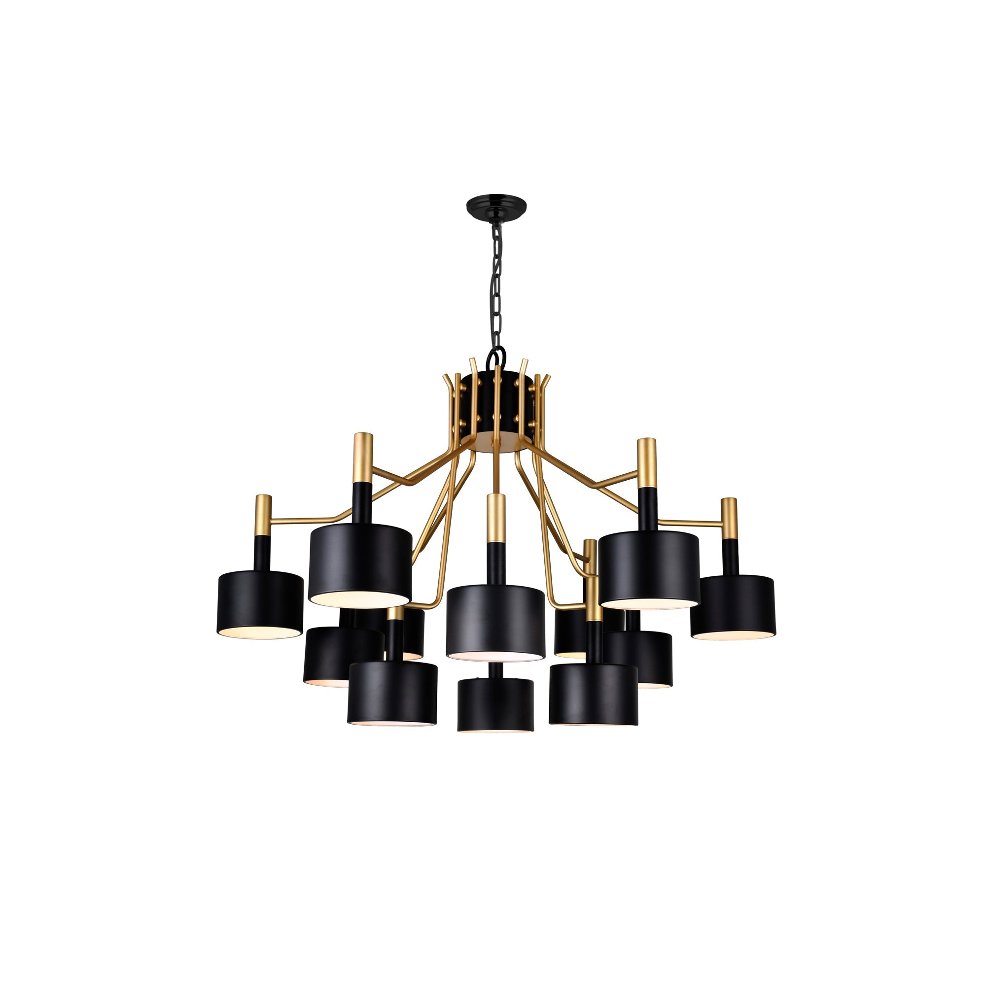 Corna 12 Light Matte Black & Satin Gold Down Chandelier - CWI Lighting