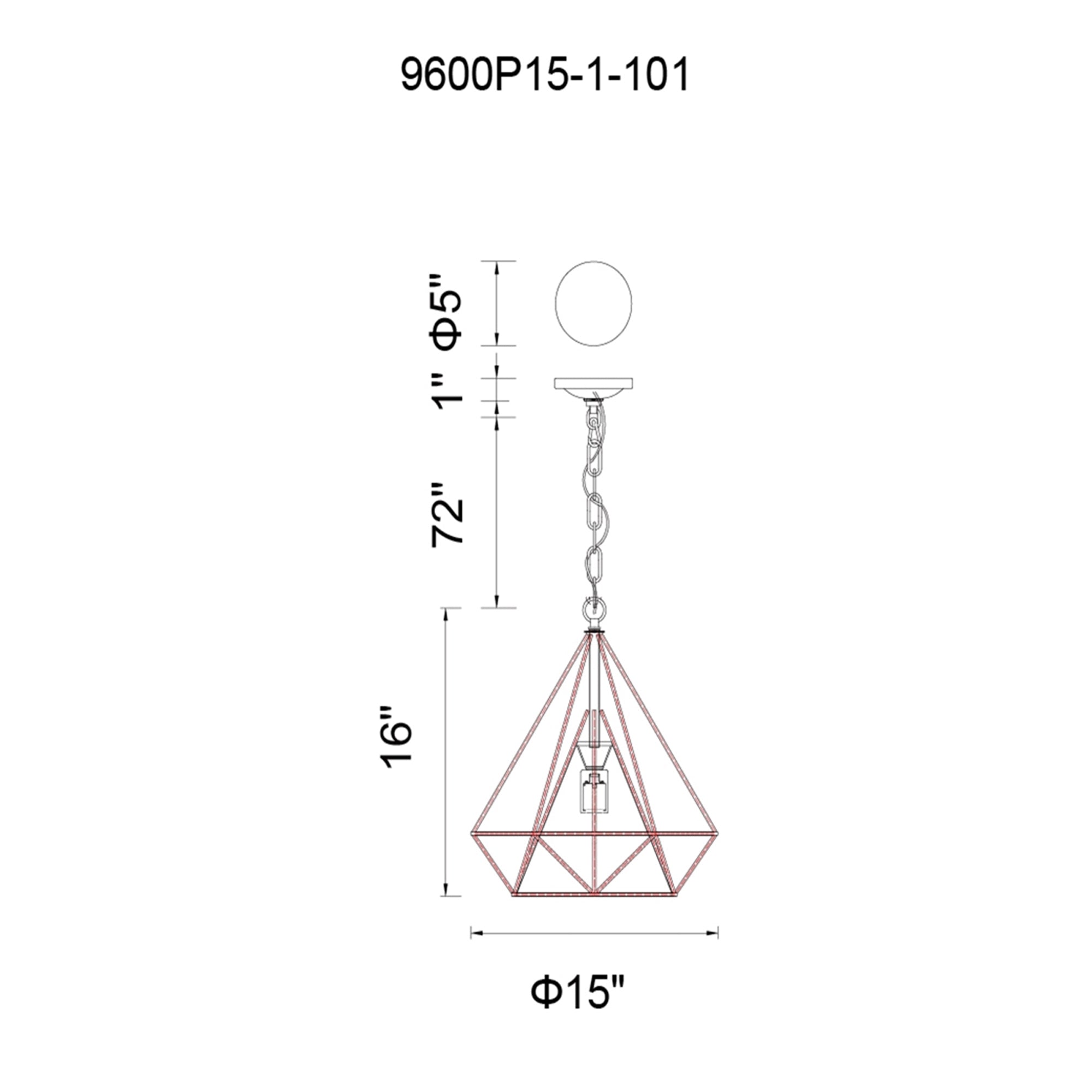 Diamond 1 Light 15in Black Down Pendant - CWI Lighting