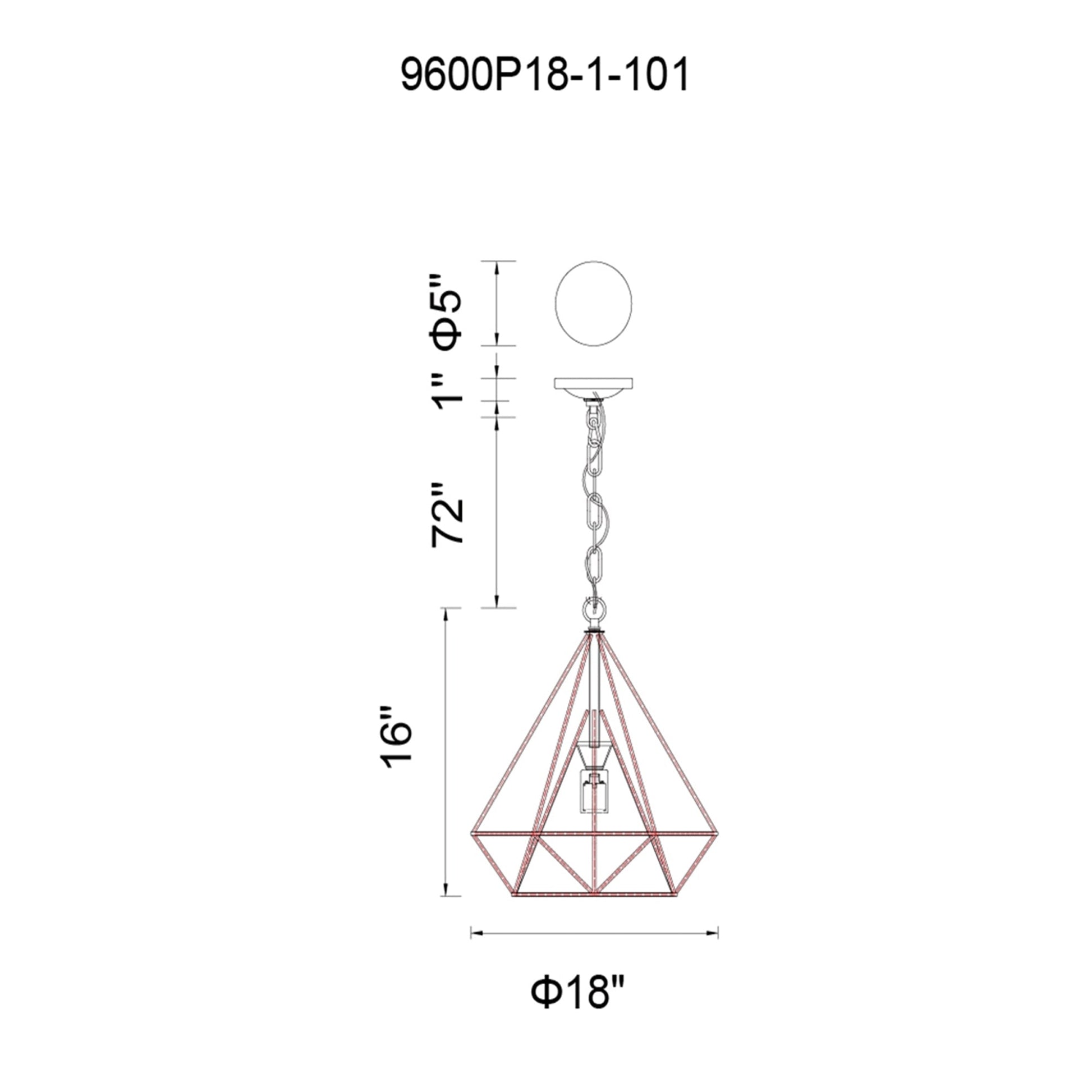 Diamond 1 Light 18in Black Down Pendant - CWI Lighting