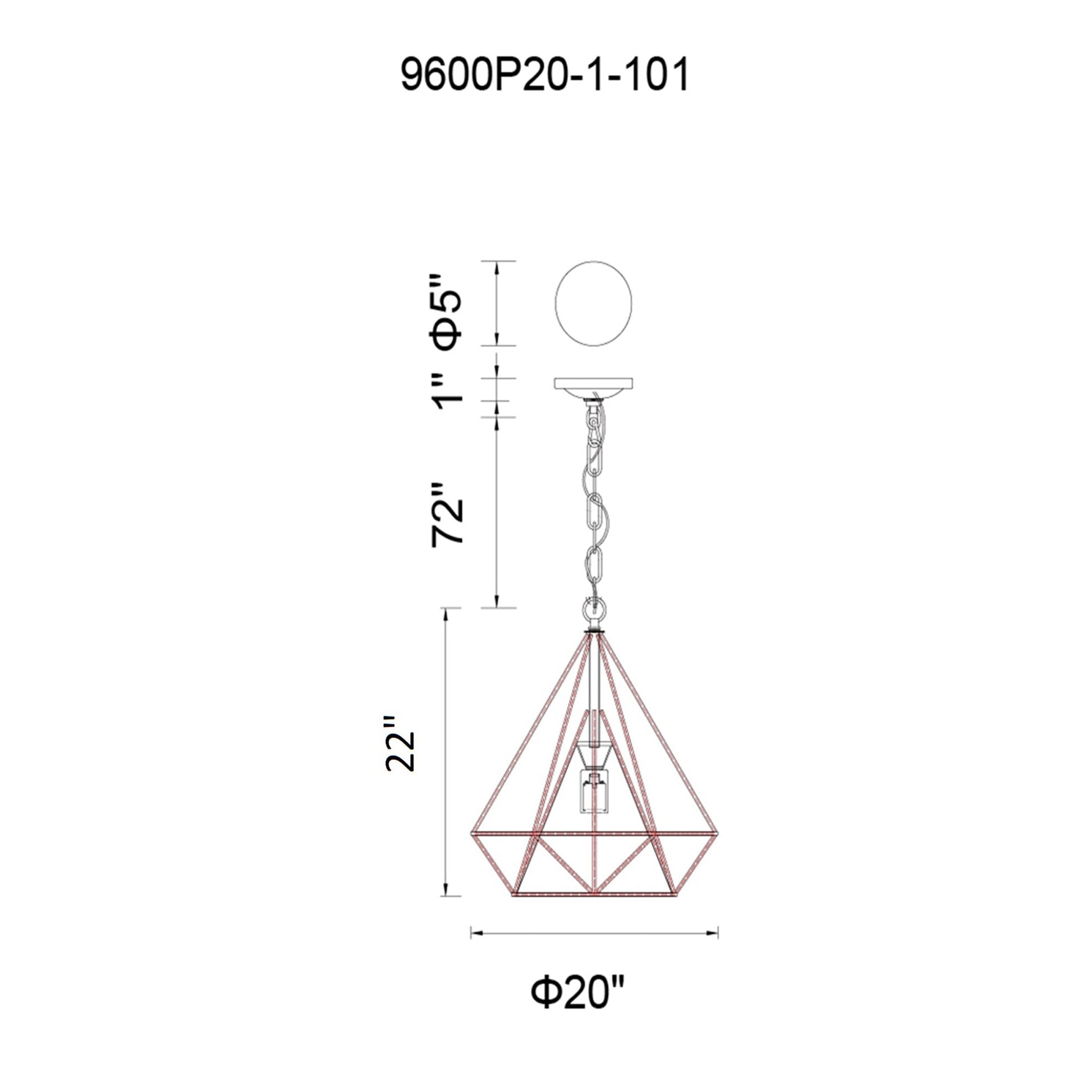 Diamond 1 Light 20in Black Down Pendant - CWI Lighting