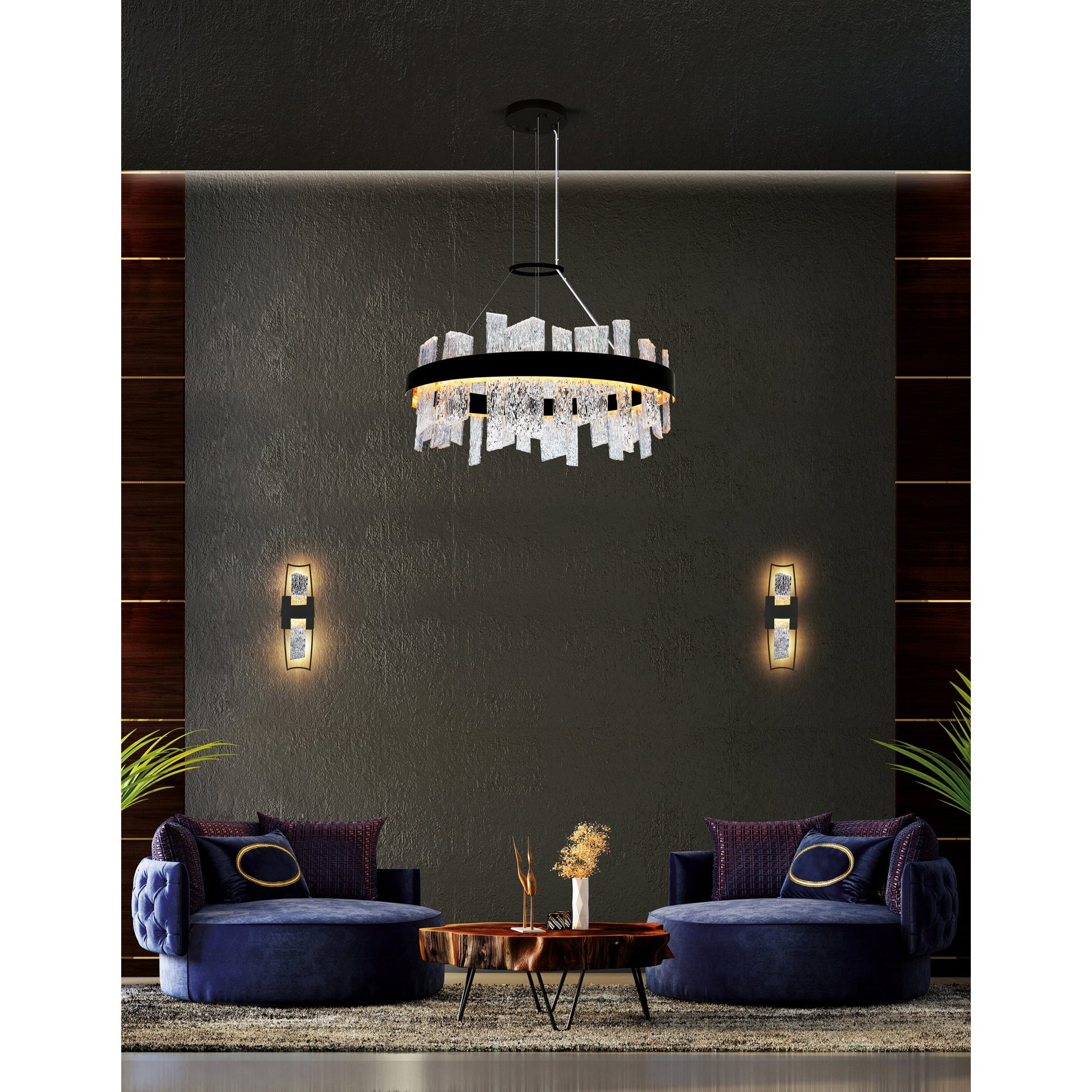 Guadiana Integrated LED 32in Black Chandelier with Handcrafted Glass - CWI Lighting