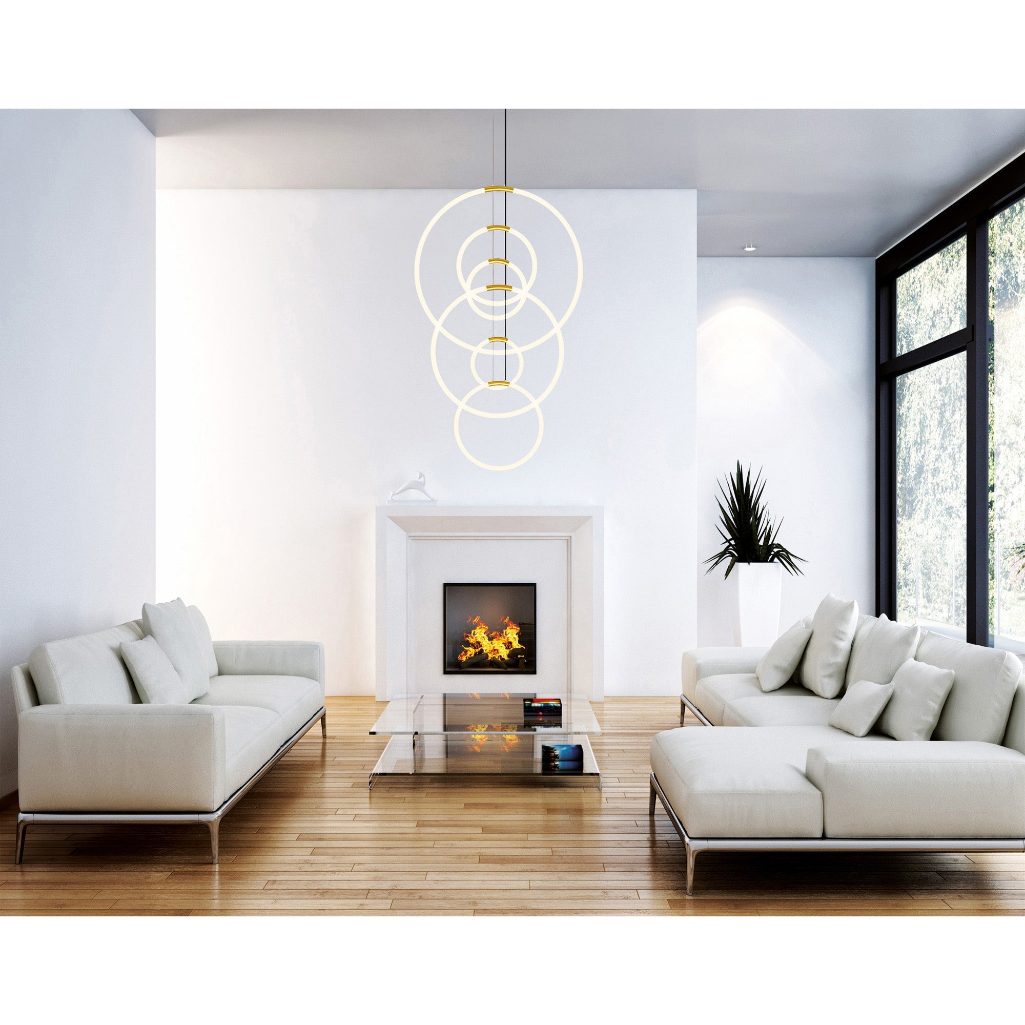 Hoops Integrated LED 35in 6 Ring Satin Gold Chandelier - CWI Lighting