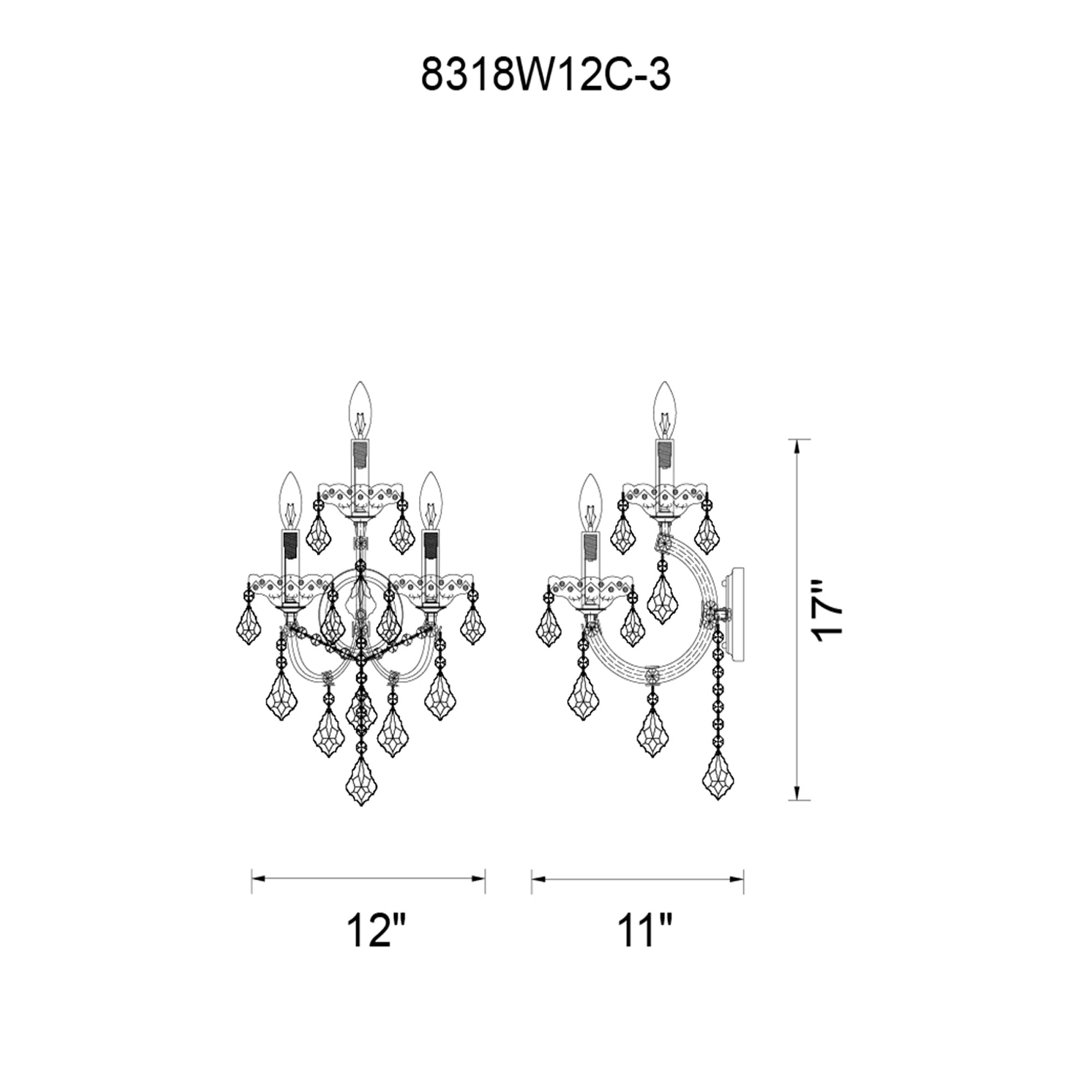 Maria Theresa 3 Light 12in Chrome Wall Sconce with Crystals - CWI Lighting