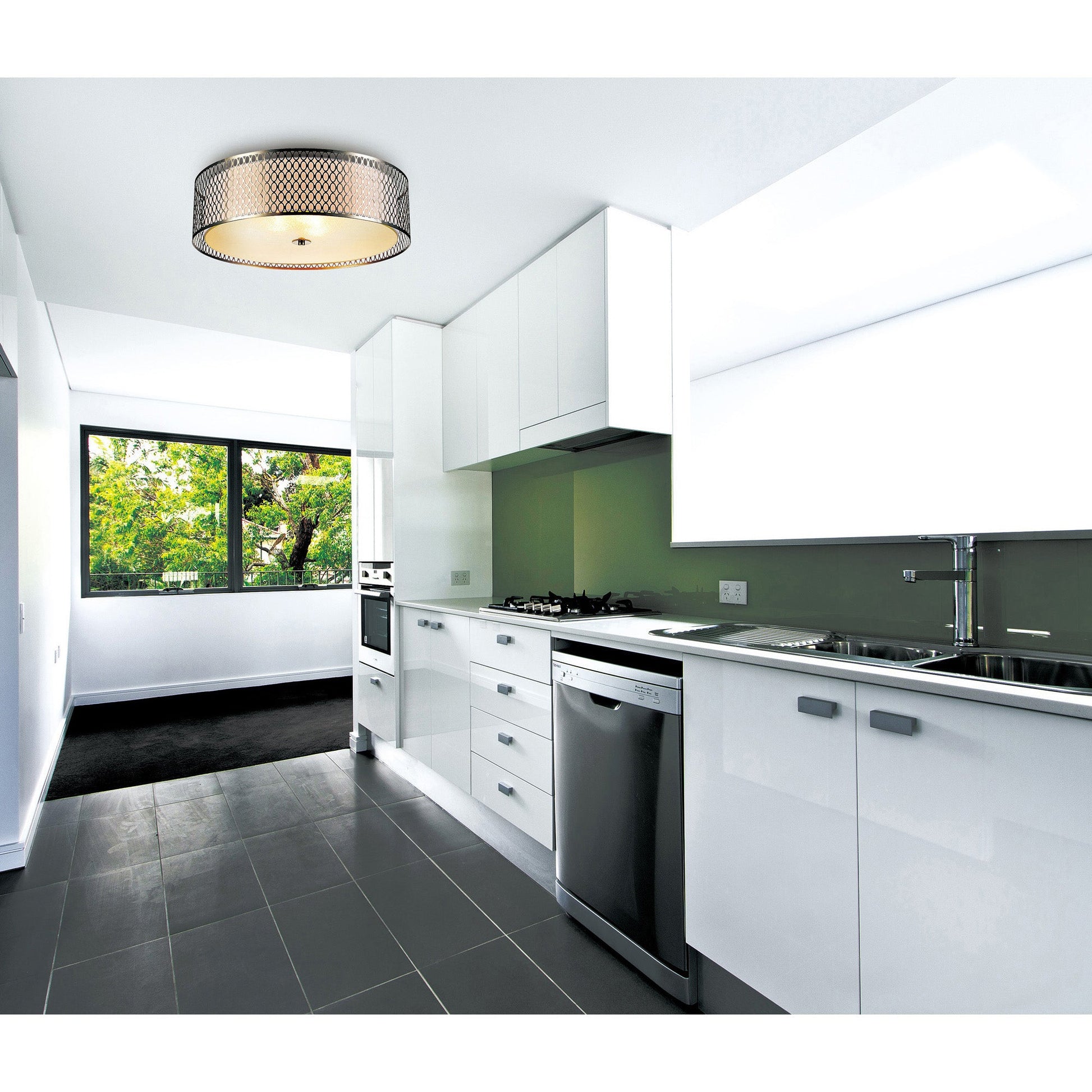 Mikayla 5 Light 22in Satin Nickel Drum Shade Flush Mount - CWI Lighting