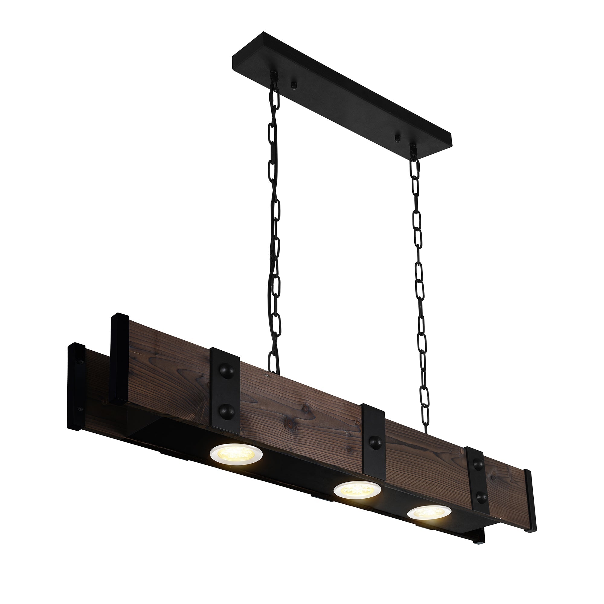 Pago 3 Light 42in Black & Wood Drum Shade Island Light - CWI Lighting