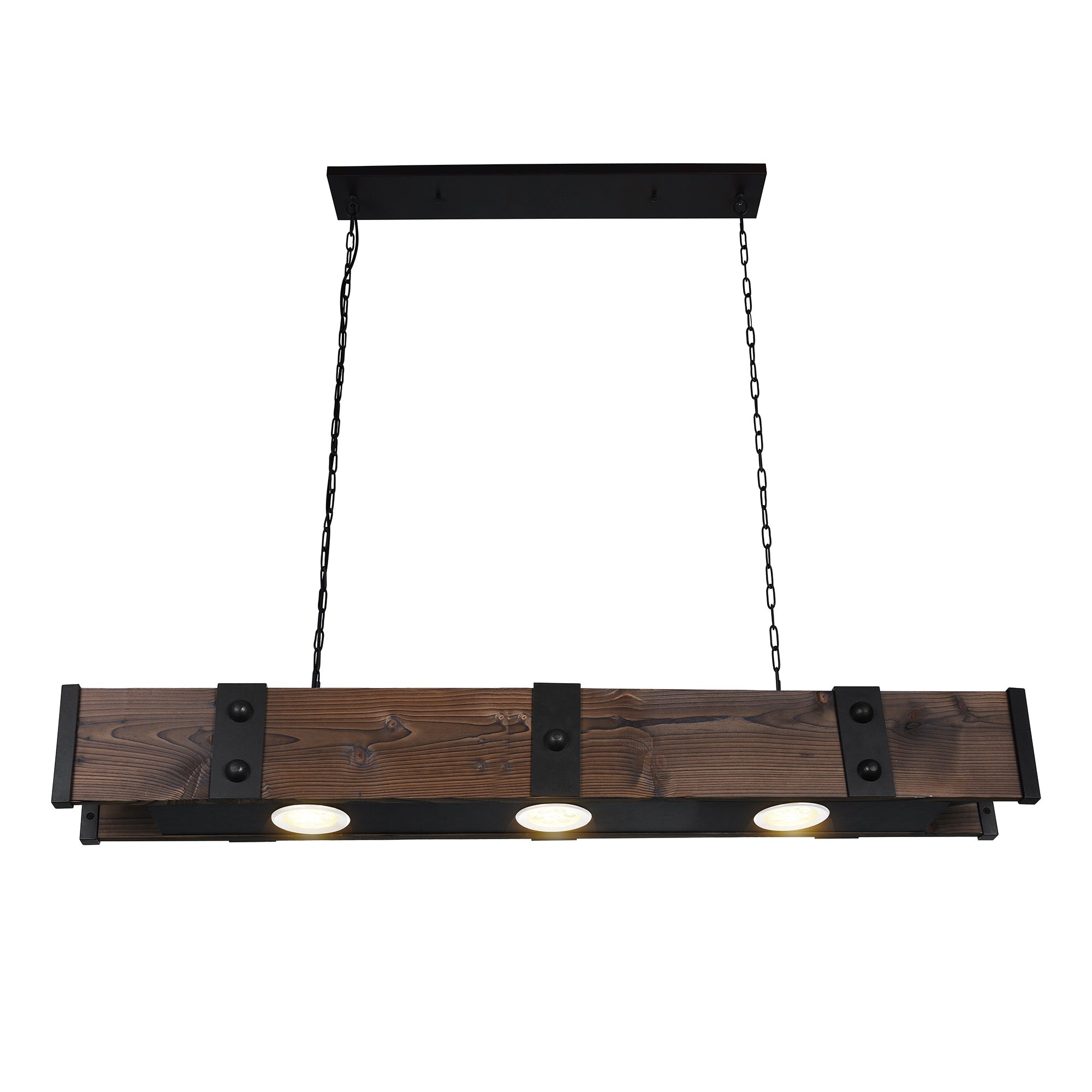 Pago 3 Light 42in Black & Wood Drum Shade Island Light - CWI Lighting