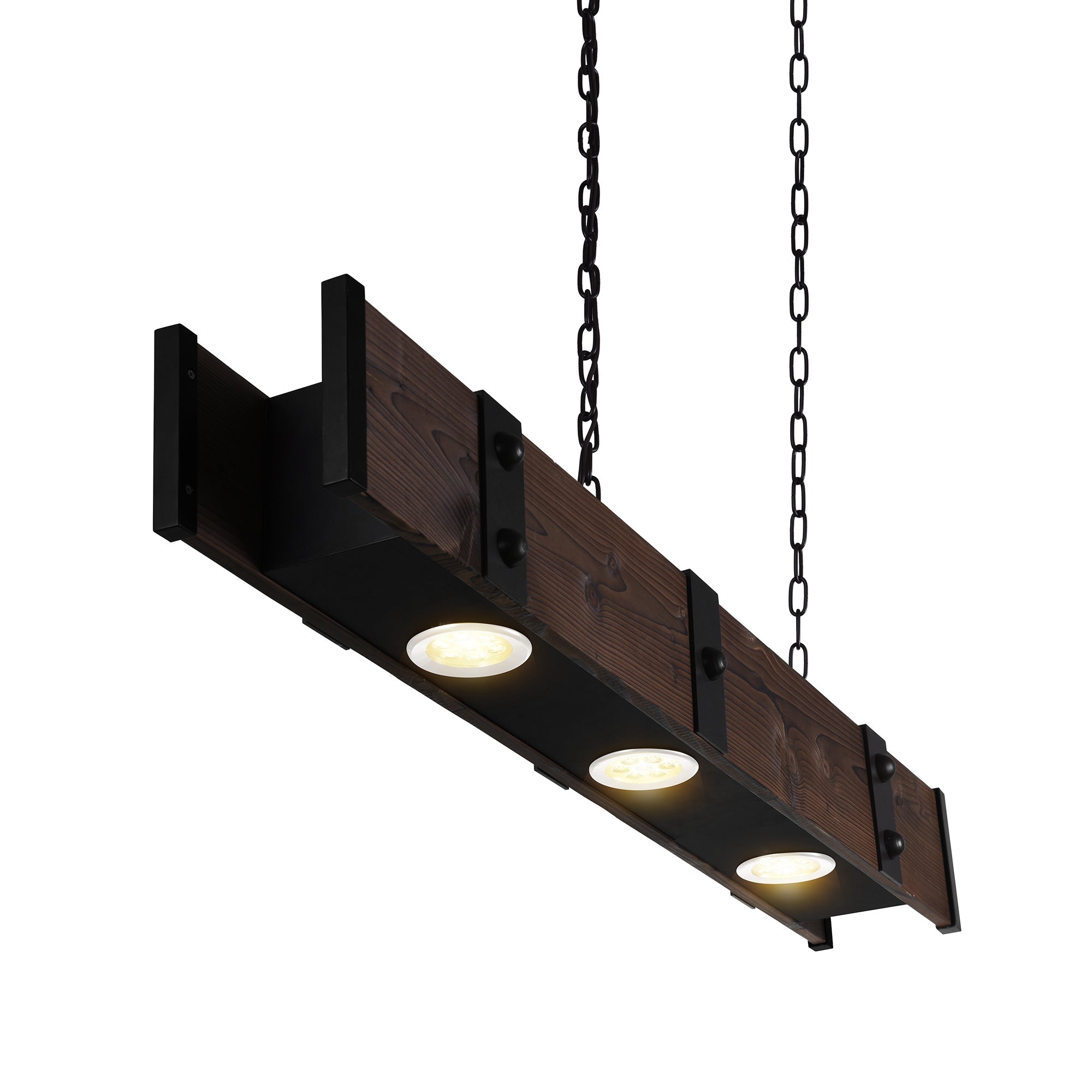 Pago 3 Light 42in Black & Wood Drum Shade Island Light - CWI Lighting