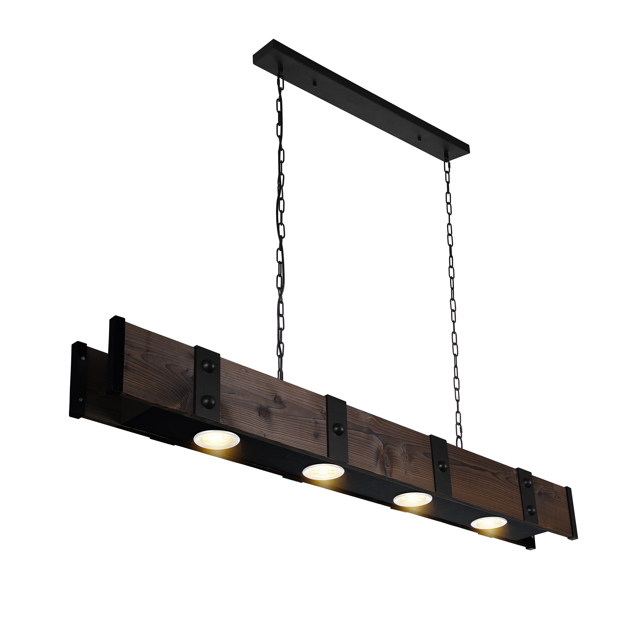Pago 4 Light 59in Black & Wood Drum Shade Island Light - CWI Lighting