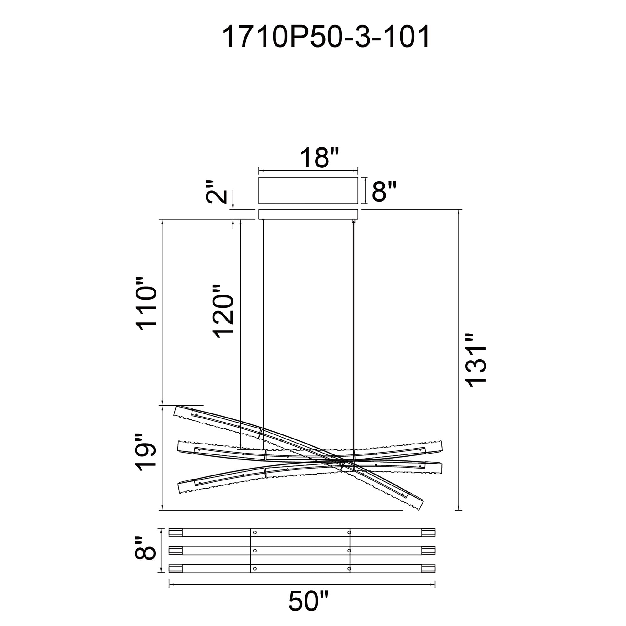 Saber Integrated LED 50in Black Chandelier with Handcrafted Glass - CWI Lighting