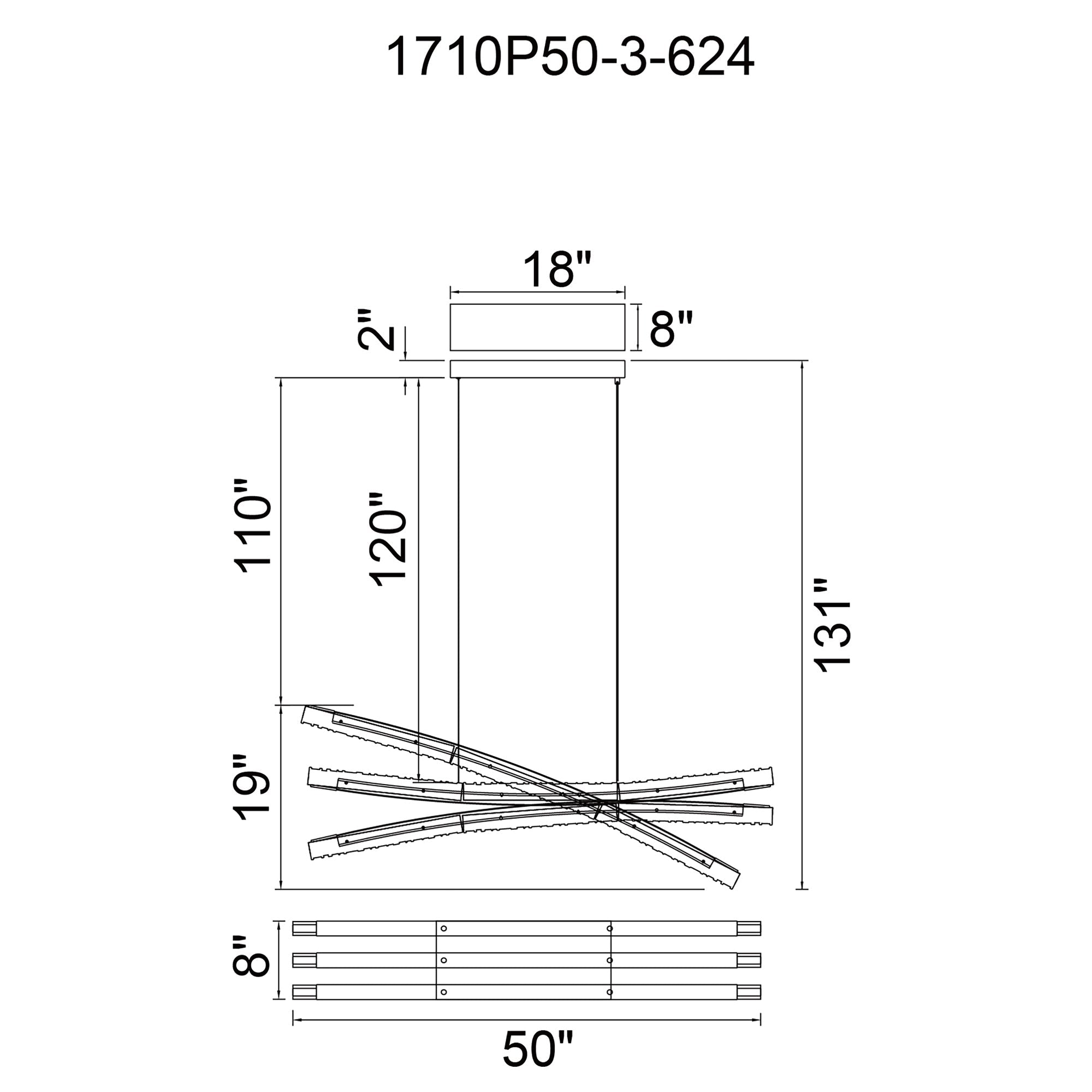 Saber Integrated LED 50in Brass Chandelier with Handcrafted Glass - CWI Lighting