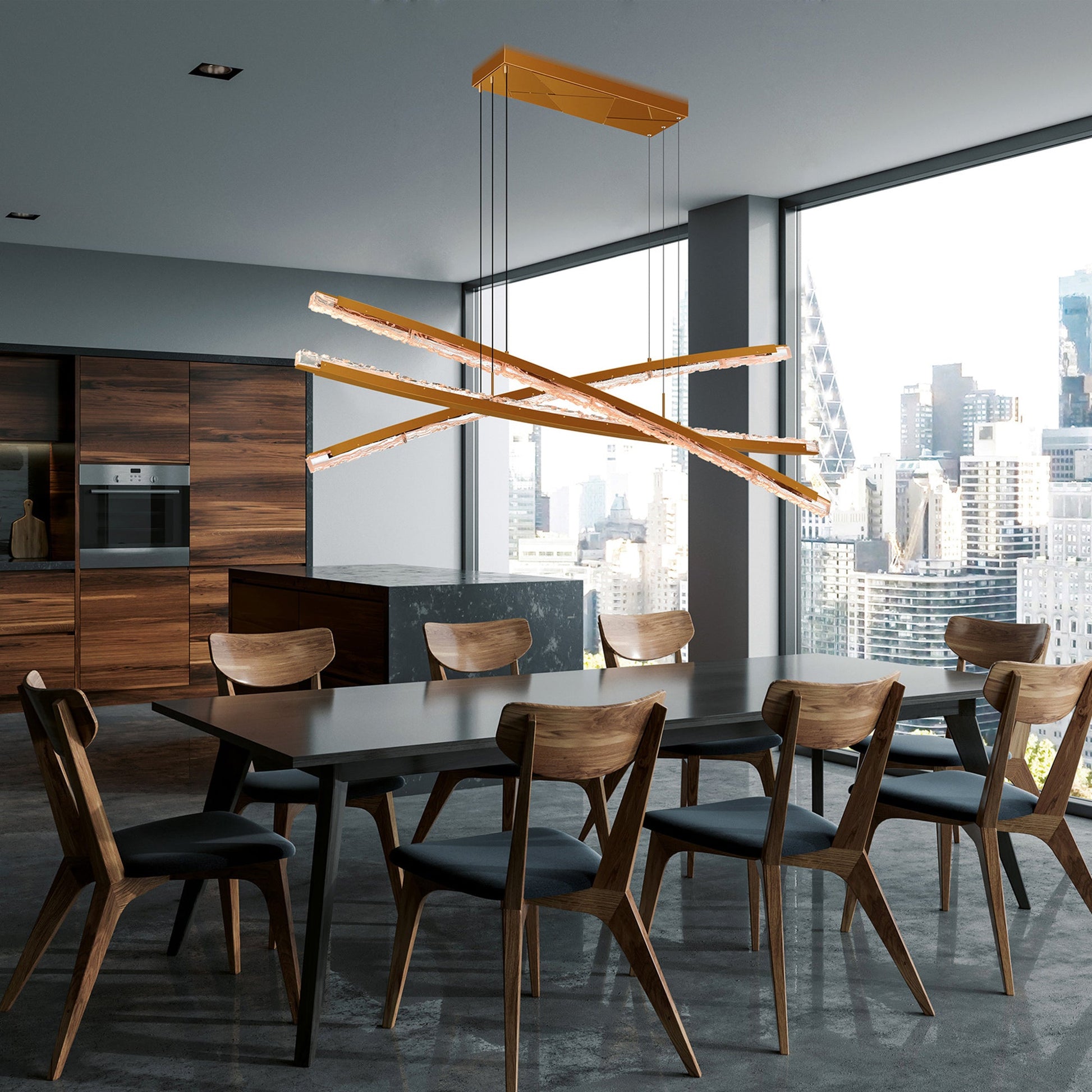 Saber Integrated LED 70in Brass Chandelier with Handcrafted Glass - CWI Lighting