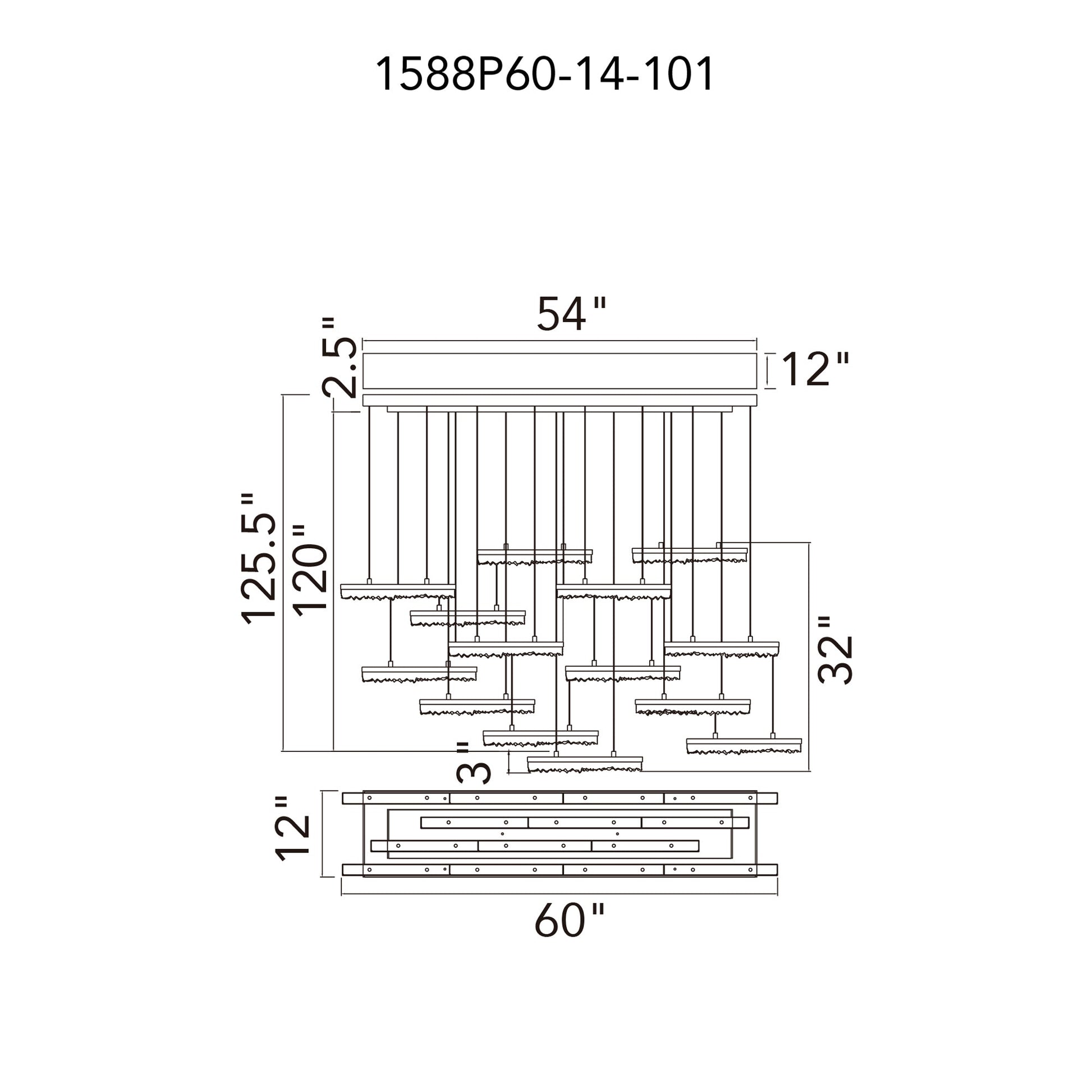 Stagger Integrated LED 60in Black Chandelier with Handcrafted Glass - CWI Lighting