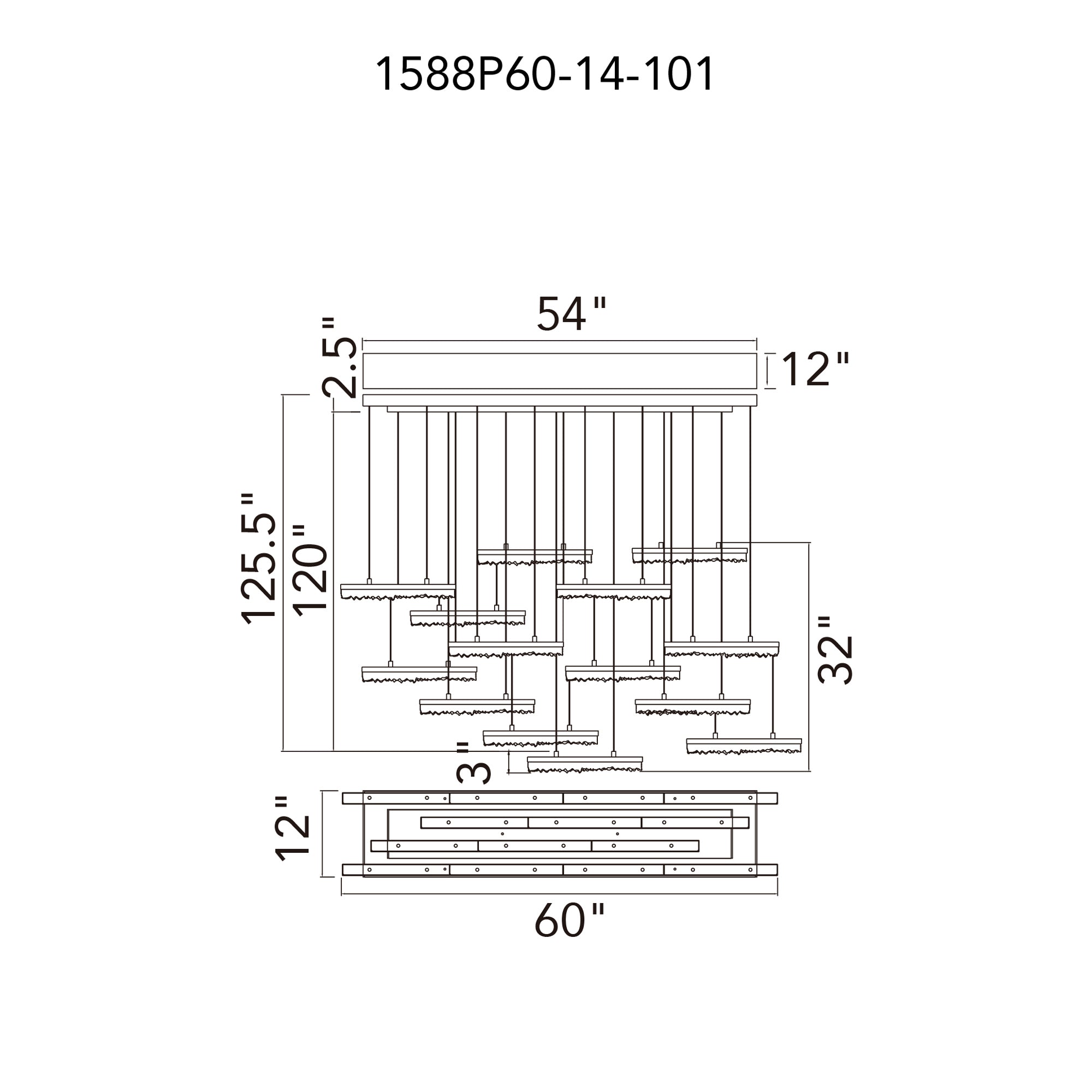 Stagger Integrated LED 60in Black Chandelier with Handcrafted Glass - CWI Lighting