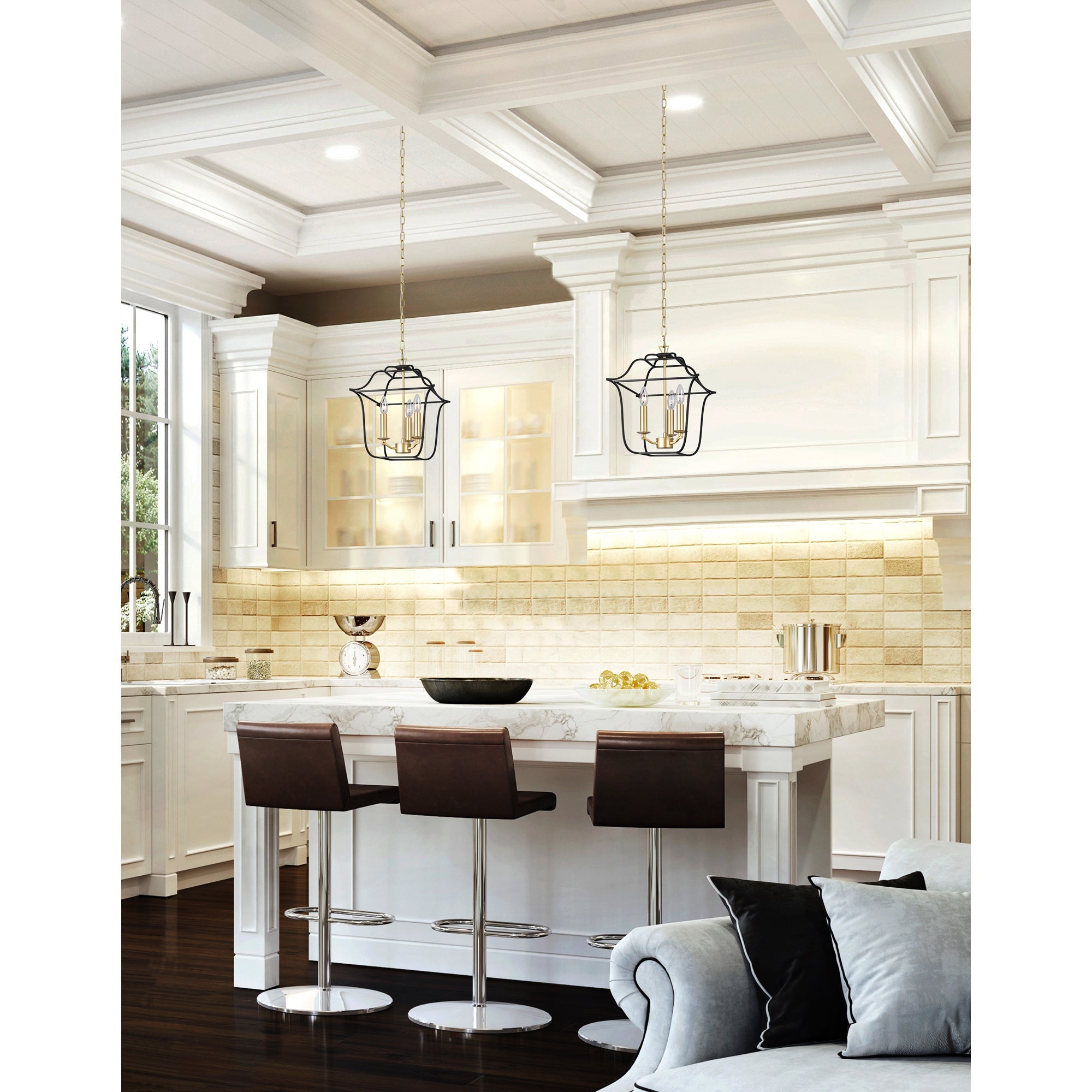 Tudor 3 Light 12in Satin Gold & Black Pendant - CWI Lighting
